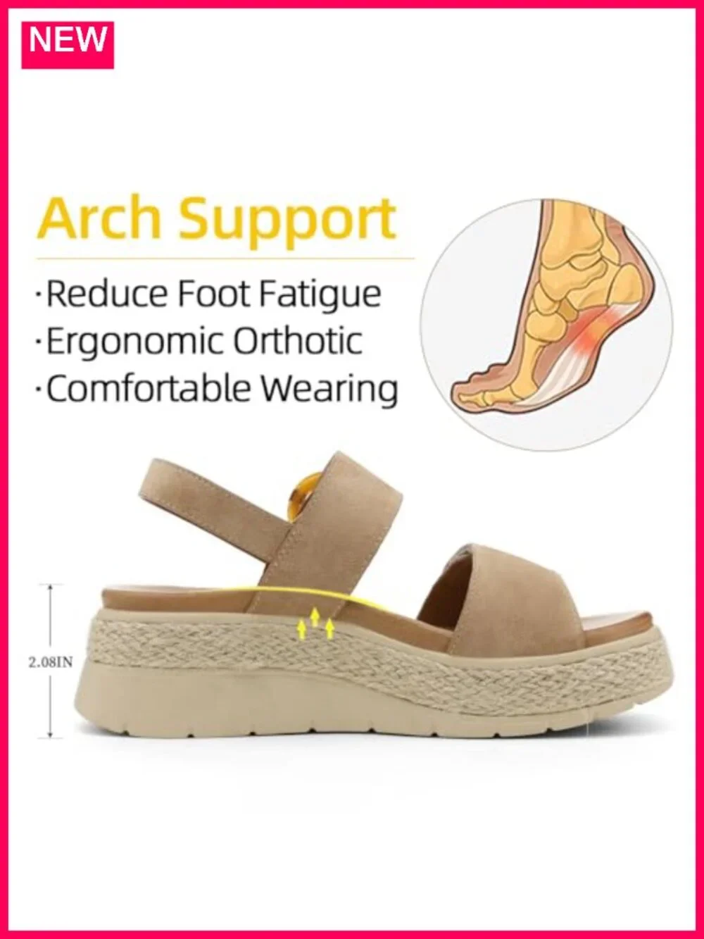 Womens Espadrille Platform Sandals Low Wedge Orthopedic Arch Support Walking